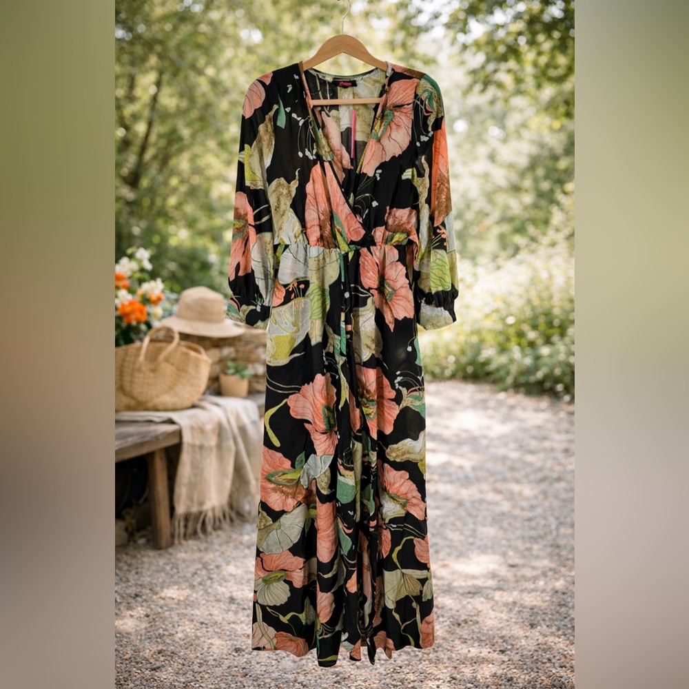 XTAREN Womens Floral Chiffon Maxi Dress Black Peach Long Sleeve‎ V-Neck M NEW